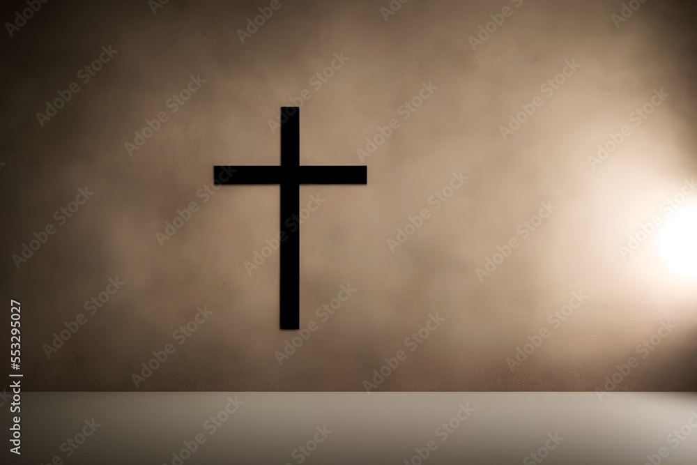 Realistic illustration of the Christian cross indoors, generative ai
