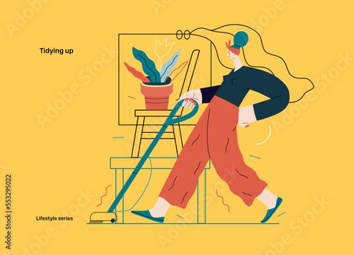 Lifestyle series - Tidying up, housekeeping - modern flat vector illustration of a woman cleaning the floor with a vacuum cleaner. People activities concept