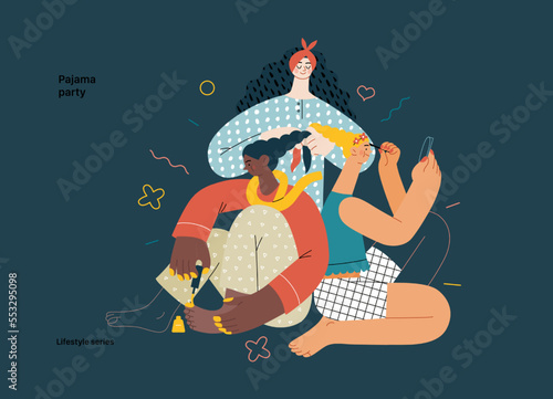 Lifestyle series - Pajama party - modern flat vector illustration of female friends wearing pajamas amusing themselves together, wearing makeup, doing hair, painting toenails People activities concept