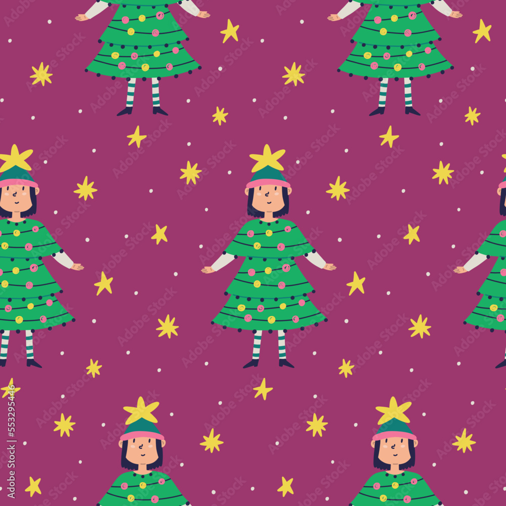 Pattern background girl in Christmas tree costume. Hand drawn vector wallpaper and Christmas paper design Pattern background girl in Christmas tree costume. Hand drawn vector wallpaper and Christmas paper design