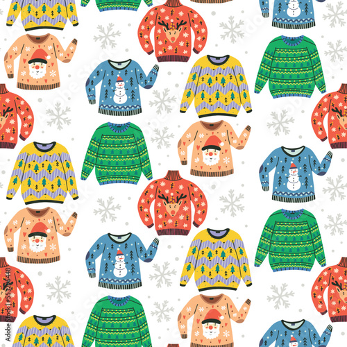 Colorful Ugly sweater pattern with snowflake background. Hand drawn vector wallpaper and Christmas paper design