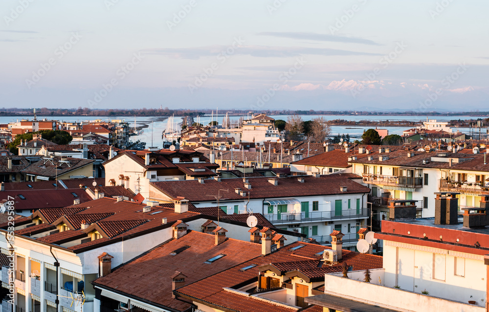 Top view of the city of Grado. Shot of the historic center of the city from the roofs of a building.