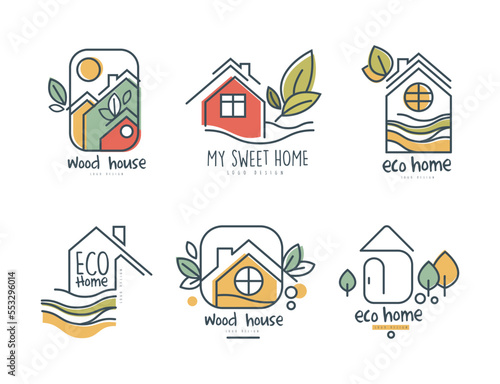 Eco Home or Eco-house Logo Design with Green Leaf Vector Set