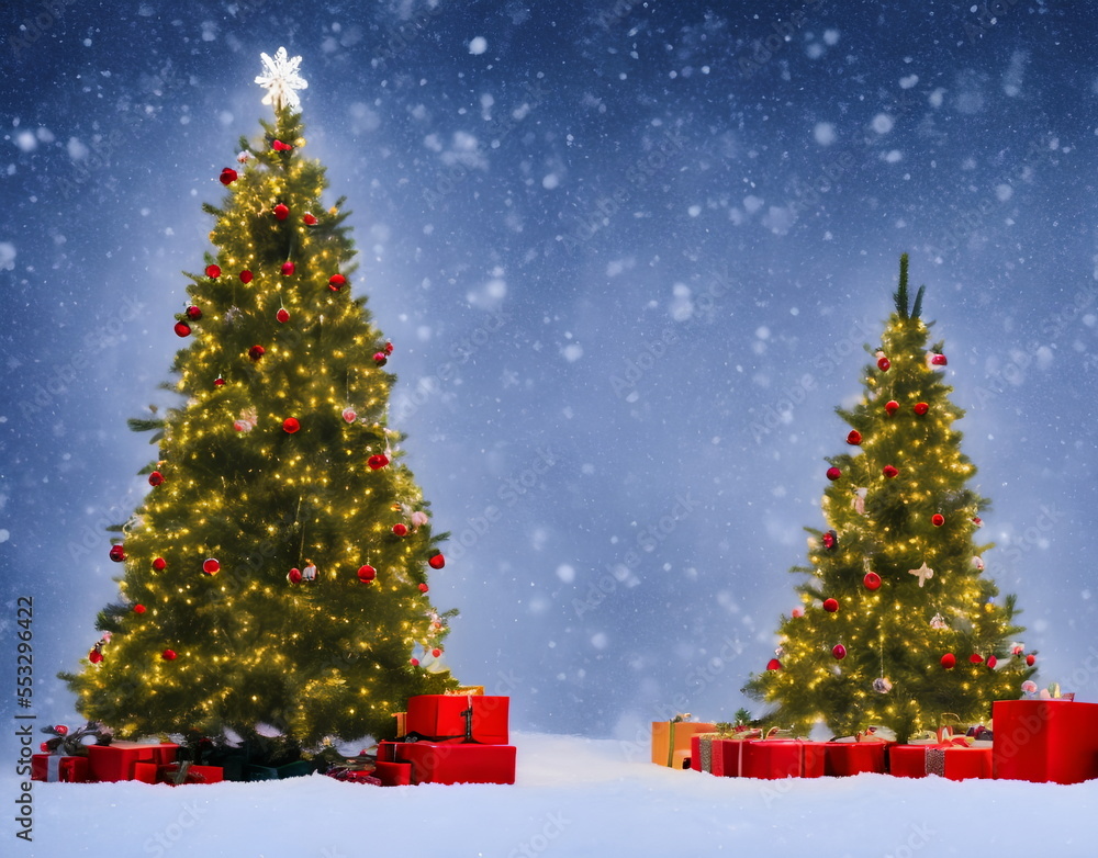 Obraz premium Realistic illustration of decorated fir tree under snow, using generative ai