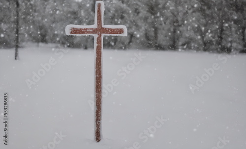 Realistic illustration of Christian cross outdoors in the snow, generative ai © Grace Parker