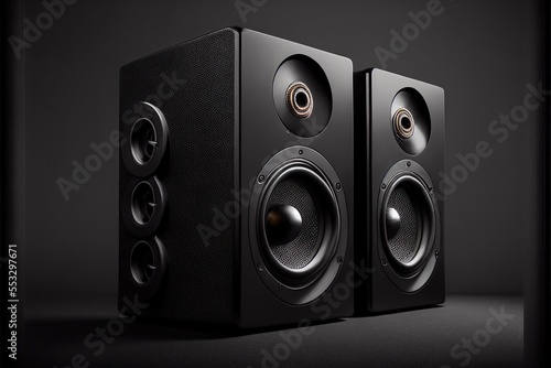 Two black colored stereo speakers on dark background with reflection.Sound audio loud speakers, Generative ai illustration photo