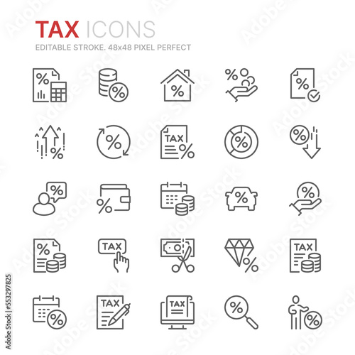 Collection of taxes related outline icons. 48x48 Pixel Perfect. Editable stroke