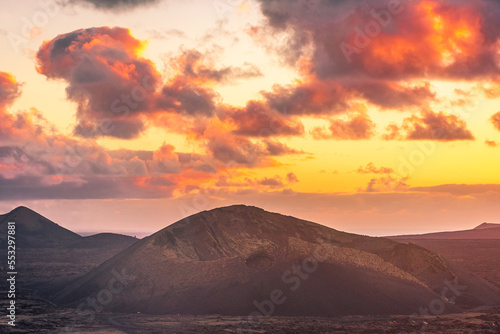 Amazing sunset over El Cuervo Volcano  in Lanzarote  Canary Islands   Spain