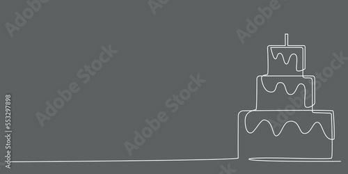 Decoration continuous line hand drawing element cake for wedding photo book, invitations. Vector stock illustration minimalism design isolated on black background. Editable stroke single line. 