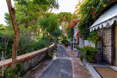 Path in a Garden with trees and flowers. Touristic Town on Capri Island in Bay of Naples, Italy.