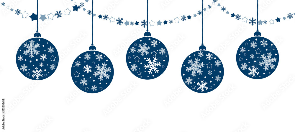  Illustration, PNG format. Merry Christmas and Happy New Year. 5 balls with a pattern of snowflakes. Banner, Christmas card, flyer design, advertising, social media content, template