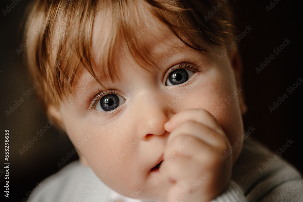 portrait of adorable 7-month-old child with finger in mouth portrait of adorable 7-month-old child with finger in mouth