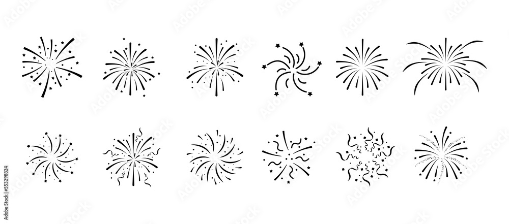 Set of firework icons.Fireworks with stars and sparks isolated on white background.Firework simple black line icons. Set of firework icons.Fireworks with stars and sparks isolated on white background.Firework simple black line icons.