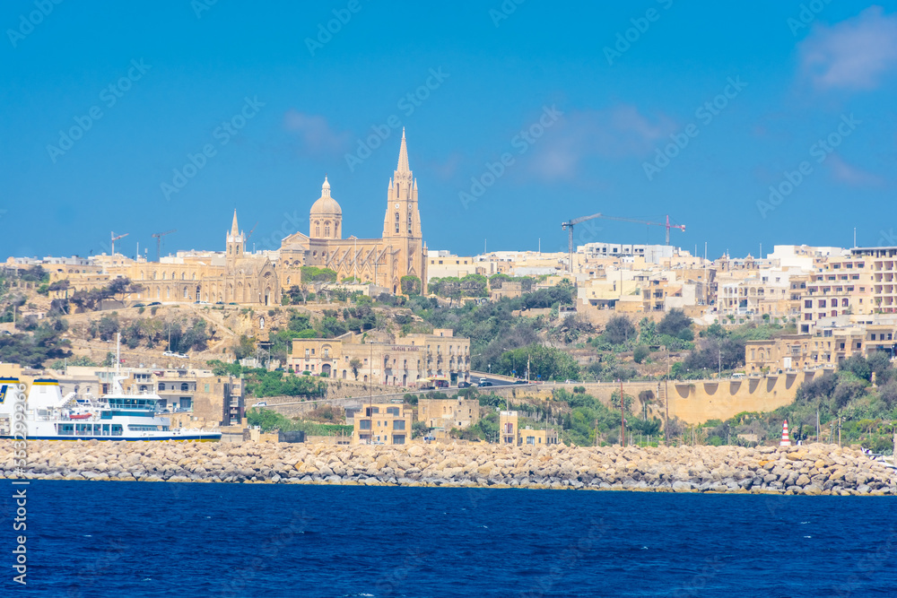 Gozo, Malta, 22 May 2022:  Landscape of Gozo island from the sea