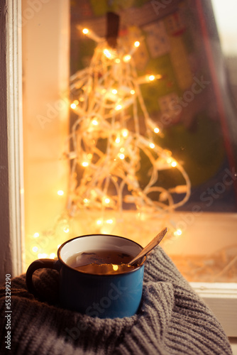 Christmas cup of tea, coffee, garlands