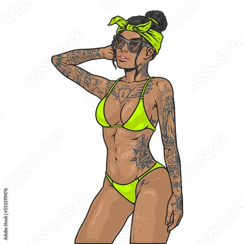 Cocky bikini girl colorful label