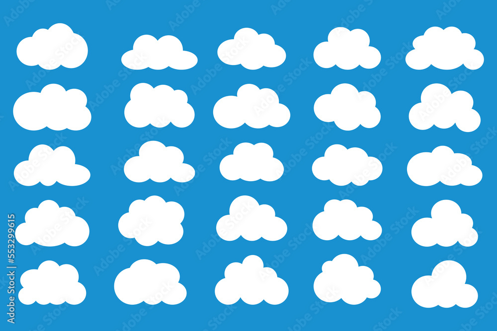 Cloud shapes. Clouds pack in flat style for design element in white without shadow. Cloud shapes. Clouds pack in flat style for design element in white without shadow.