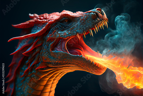 Fire Dragon breathing fire - Made with generative AI. © Pixel Matrix