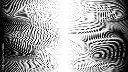 Geometric halftone background with illusion effect. Curved gradient pattern with black dots. Vector illustration.