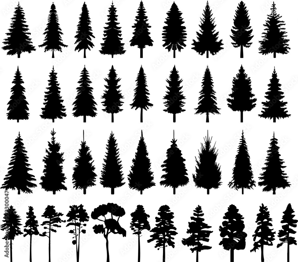 set of christmas tree, spruce, pine tree silhouette design vector isolated