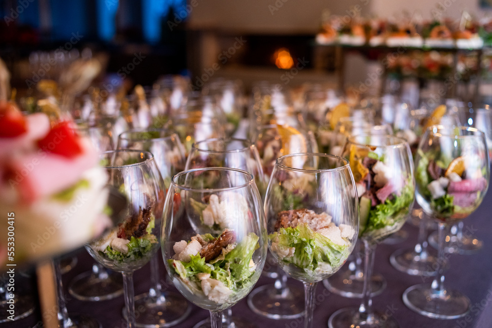 Food at a banquet for an aperitif. Presentation or wedding reception