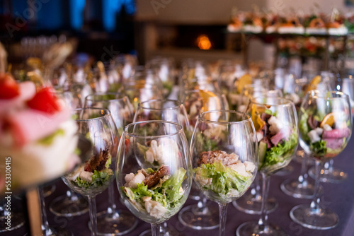 Food at a banquet for an aperitif. Presentation or wedding reception