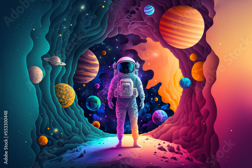 illustration of an astronaut with universe background, Generative Ai photo