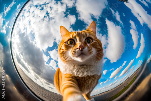 illustration of  fish eye lens perspective style, a cat looking at camera