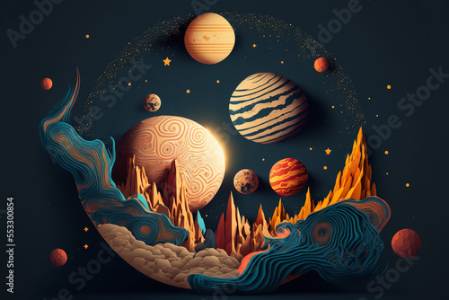 beautiful illustration paper craft style of astronomy space scenic  planet  star 