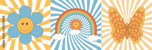 Groovy hippie 70s set. Funny cartoon flower, daisy, RAINBOW, BUTTERFLY, SUN etc. Sticker pack in trendy retro psychedelic cartoon style. Isolated vector illustration. good VIBES