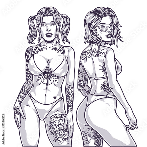 Tattooed bikini girls monochrome label