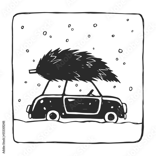 Vector hand-drawn illustration of car with Christmas tree. Sketch with New Year symbol for create stamp.