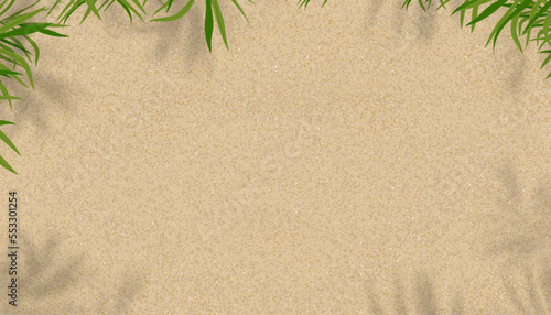 Sand Texture,Top view Beach with palm leaf and shadow on sandy background,Vector Seaside tropical beach with Coconut leaves on brown colour with copy space,Summer Hoilday backdrop