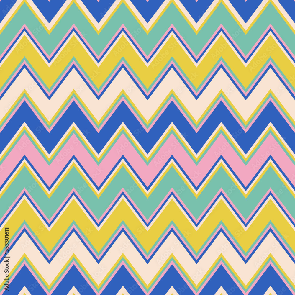 Chevron seamless pattern. Zigzag stripes ornament. Vector texture with lines, striped zig zag. Simple abstract geometric background. Blue, yellow, pink and turquoise color. Retro vintage style design Chevron seamless pattern. Zigzag stripes ornament. Vector texture with lines, striped zig zag. Simple abstract geometric background. Blue, yellow, pink and turquoise color. Retro vintage style design