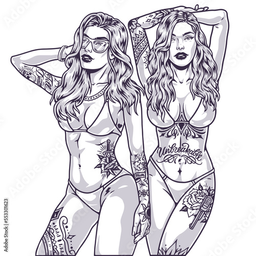 Beach tattoo girls monochrome emblem