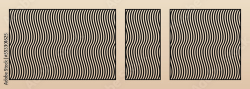 Laser cut panels set. Vector stencil with abstract geometric pattern, thin wavy lines, vertical stripes. Elegant swatch for laser cutting of wood, metal, plastic, paper. Aspect ratio 3:2, 1:2, 1:1