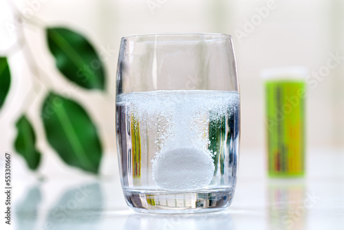 Tablet effervescence in situation in a glass of water