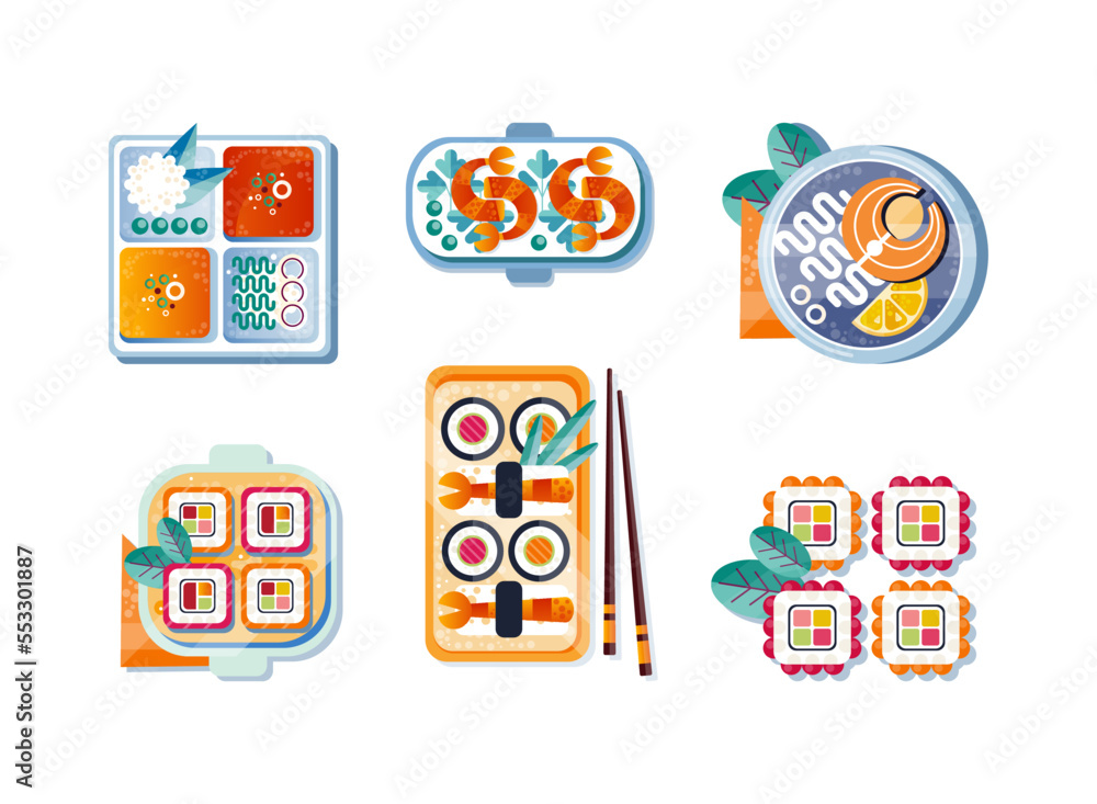 Asian Cuisine Dish with Sushi Roll, Shrimps and Salmon Steak on Plate Flat Icon Vector Set