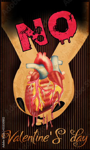 No Valentines day card, hands holding heart with blood. vector illustration