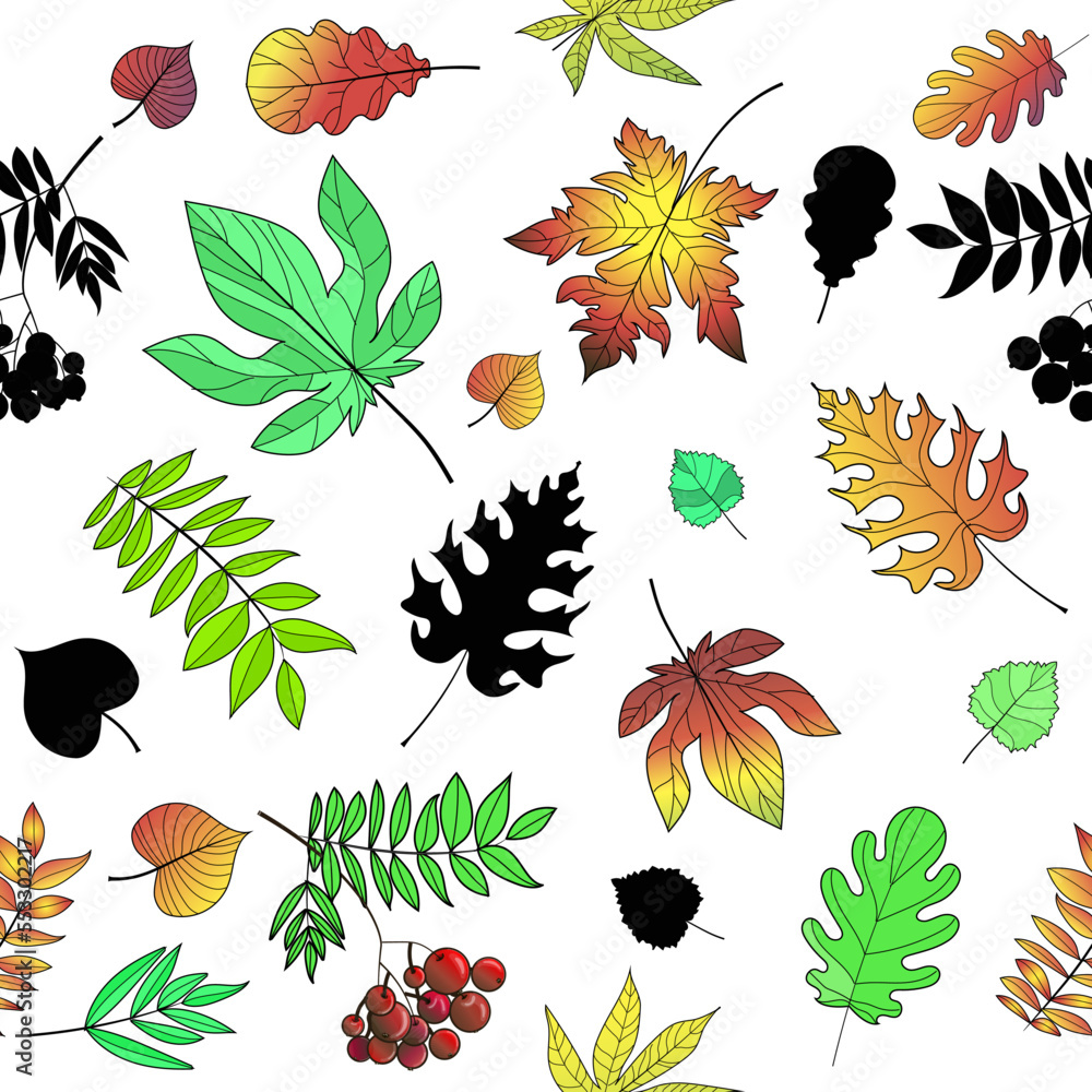 Fototapeta premium Autumn and spring leaves seamless pattern. Leaves in cartoon style-green and yellow, and black silhouette. Leaf pattern of rowan, birch, chestnut, oak, maple leaves. Vector illustration.