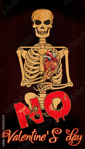 No Valentines day, skeleton  holding a heart with blood. vector illustration