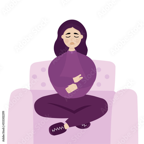 Young woman sitting and suffering from menstrual pain. Bellyache concept, premenstrual symptoms.