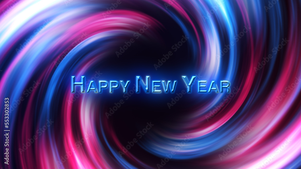 Naklejka premium 3D Digital Galaxy background, red and blue waves. Happy new year tittle. Abstract Wave Background. Red Blue Tunnel. Space Motion, Swirl. 3D Digital Galaxy. 3D Digital Galaxy. Happy New Year3D Digital