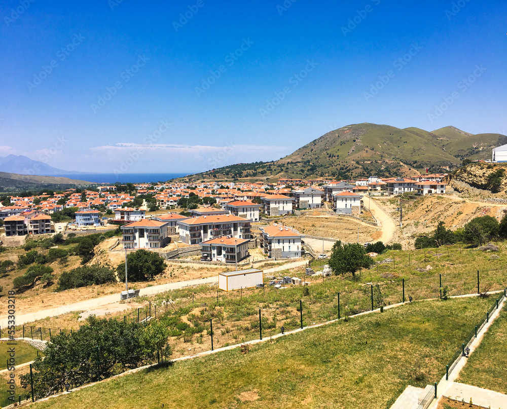 Gökceada, Imbros Island city center view with buildings, Kaleköy village, Semadirek, Samothrace. It is the largest island in Turkey, in the north-northeast of the Aegean Sea.