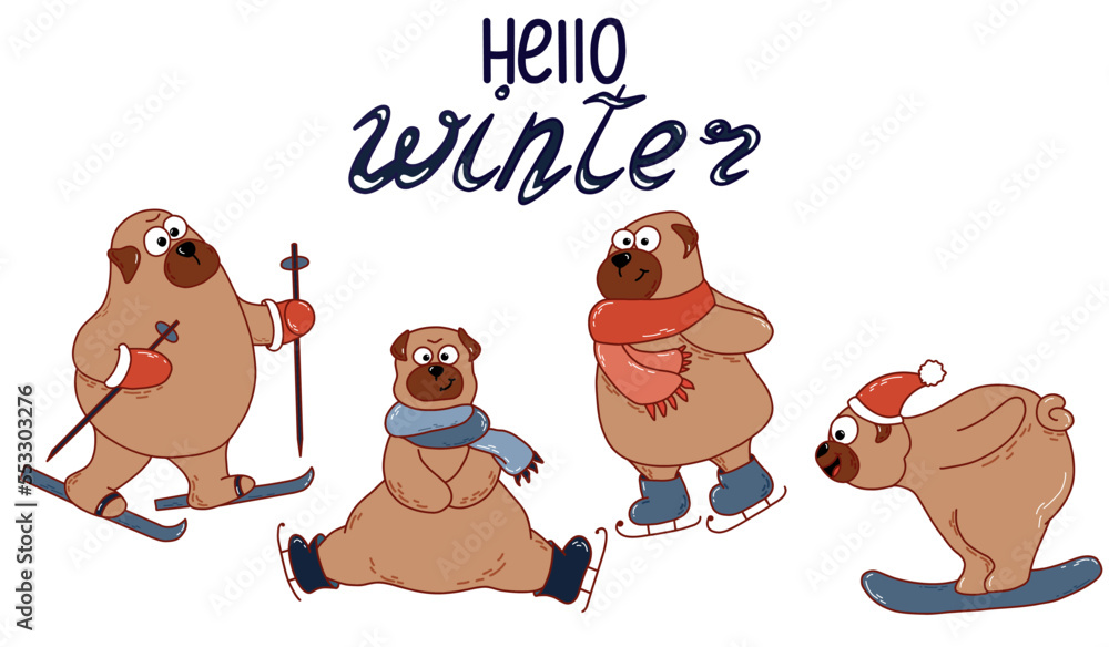 Winter set. Pugs with sports equipment in warm clothes. Vector illustration Winter set. Pugs with sports equipment in warm clothes. Vector illustration