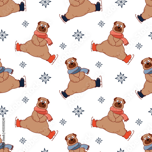 Cute seamless pattern with animal in warm scarf and figure skates 