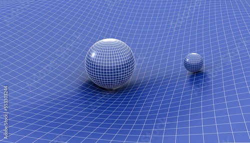 The theory of gravity and general relativity. Earth and Sun over warped spacetime. Sphere is affecting space time around it. 3D Rendering.