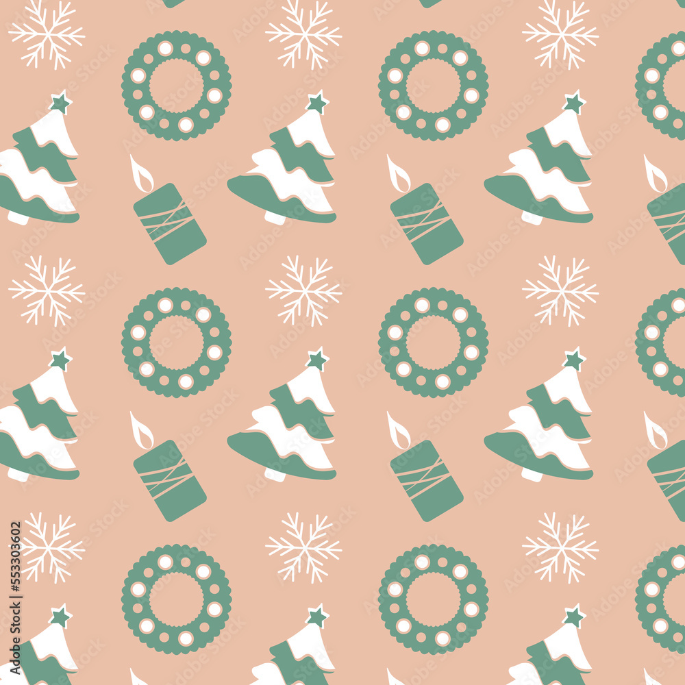 Pastel christmas pattern with Christmas trees, wreaths, candles, snowflakes and nude background. Vector seamless pattern. Holiday texture. 
