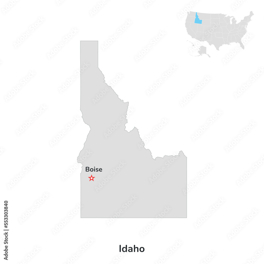 US American State of Idaho. USA state of Idaho county map outline on white background.