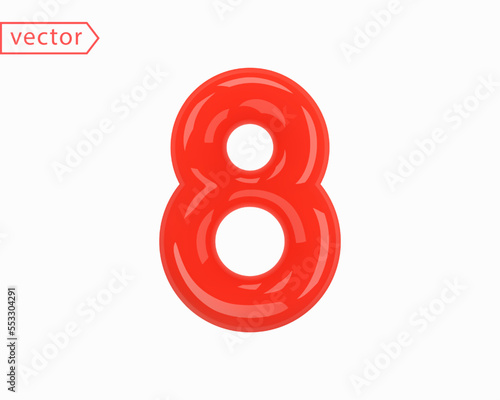 Number 8 Sign. Realistic Red Plastic Glossy 3D Number Eight isolated on white background. Birthday, Anniversary, Party, Christmas, Xmas, New year, Holiday Sale Concept. 3d vector illustration